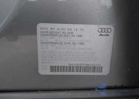2011 Audi Q5 3.2 Premium Plus from USA, damaged, VIN WA1DKAFP4BA065432